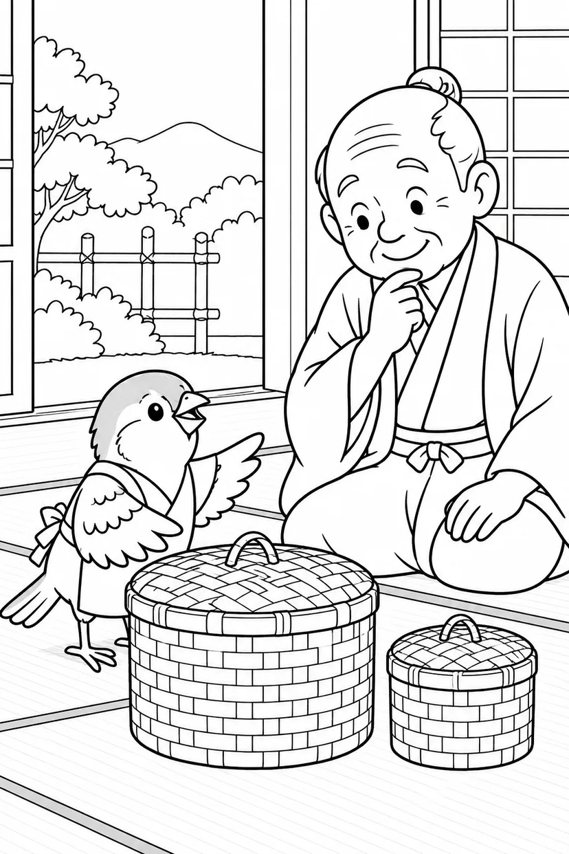 したきりすずめ：大きなつづらと小さなつづらの塗り絵