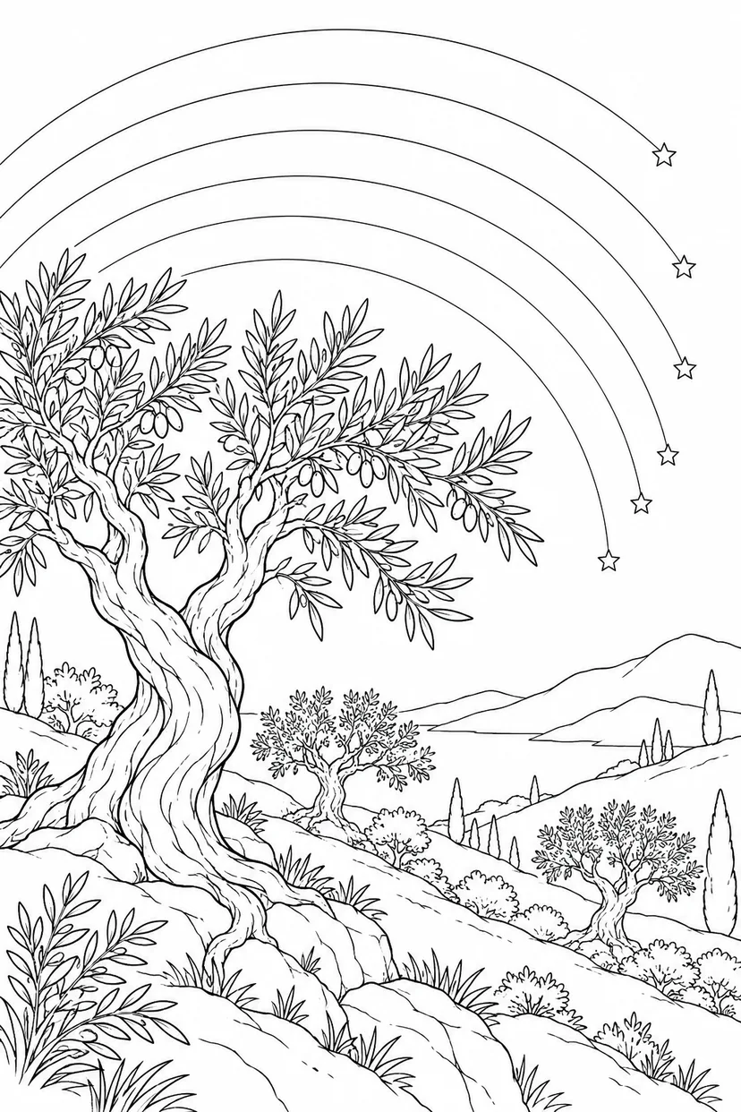 オリーブの丘と星の軌跡の塗り絵