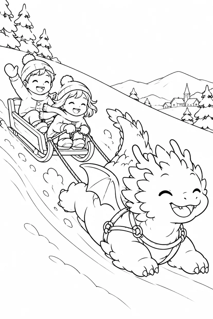 雪ドラゴンのそり遊びの塗り絵