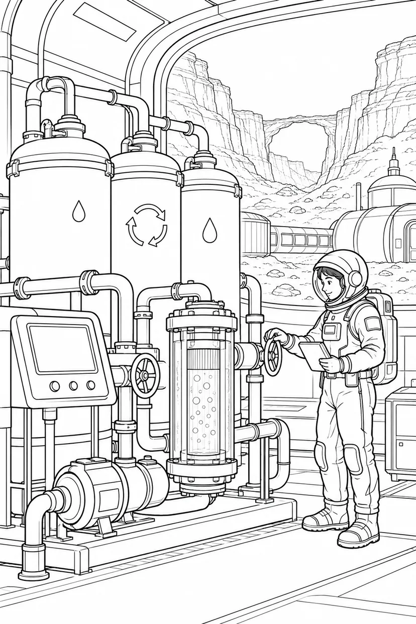火星の峡谷基地：水を循環させる装置の塗り絵