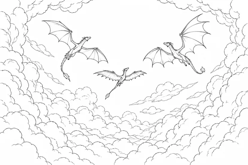 雲の切れ間をくぐる竜の列の塗り絵