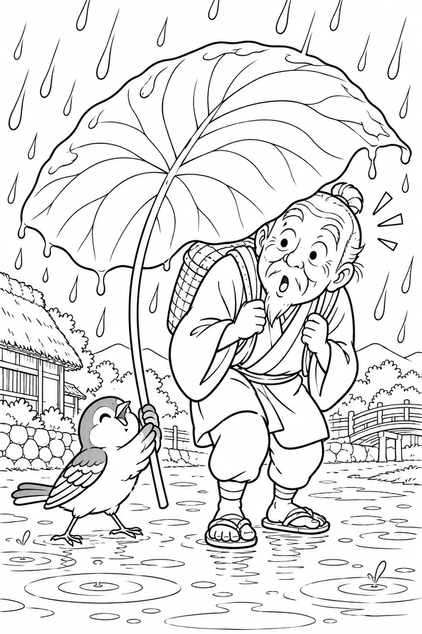 したきりすずめ：葉っぱの傘が大きすぎたの塗り絵