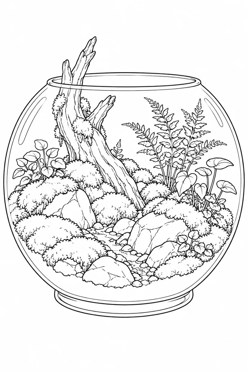 ガラス鉢に広がる苔の森の塗り絵