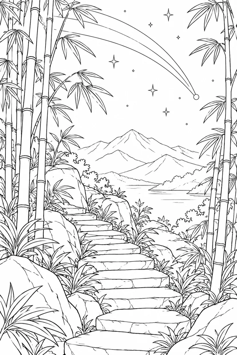 竹林の石段と尾をひく彗星の塗り絵