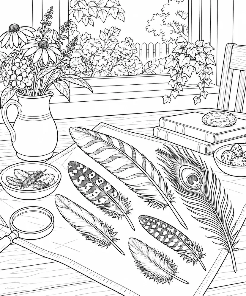 自然のひとこま：大きさの違う鳥の羽の塗り絵