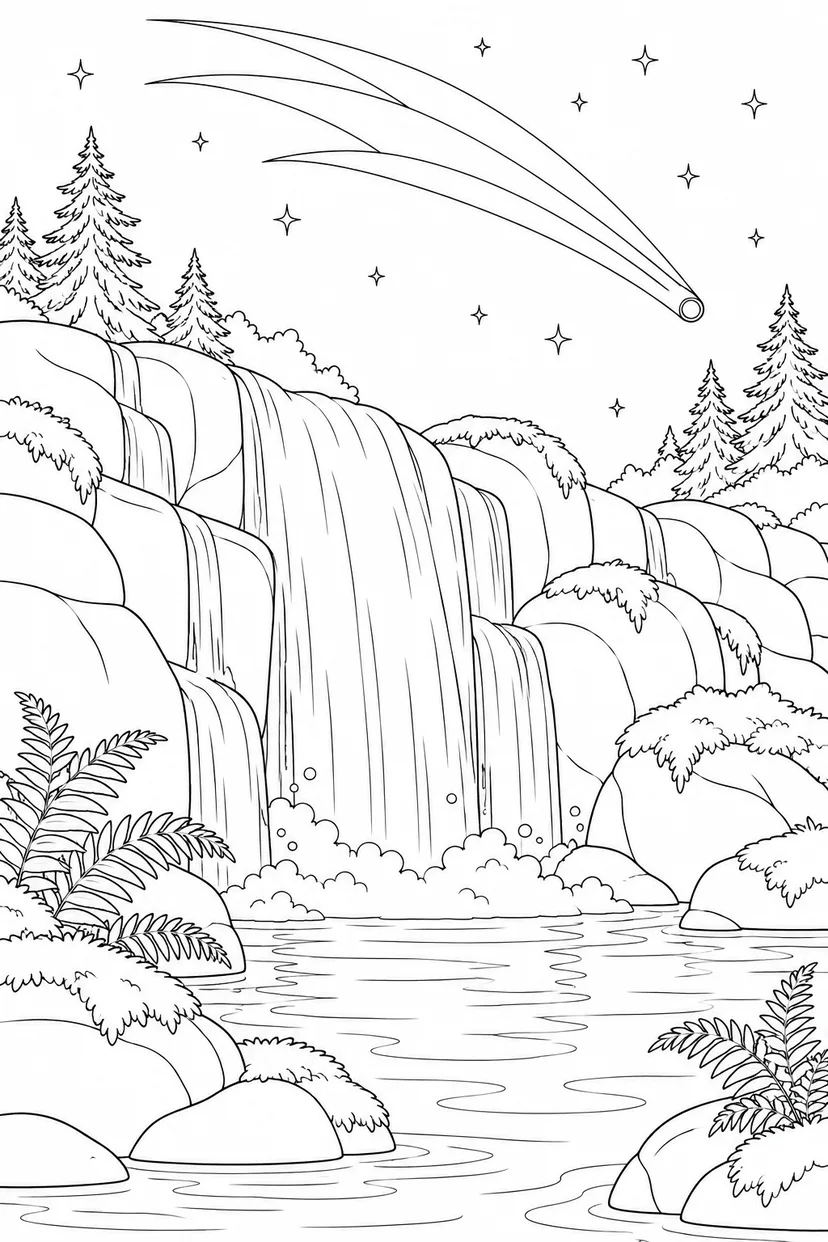 苔むした滝壺と尾をひく彗星の塗り絵