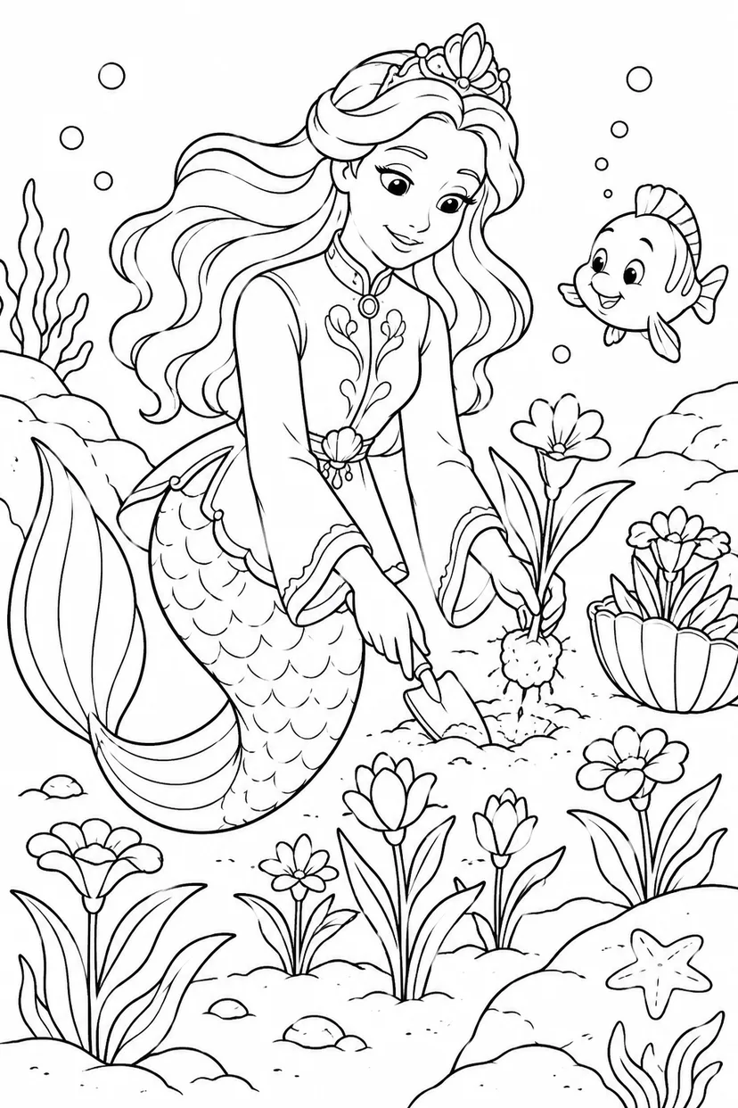 人魚姫：海底の花壇づくりの塗り絵