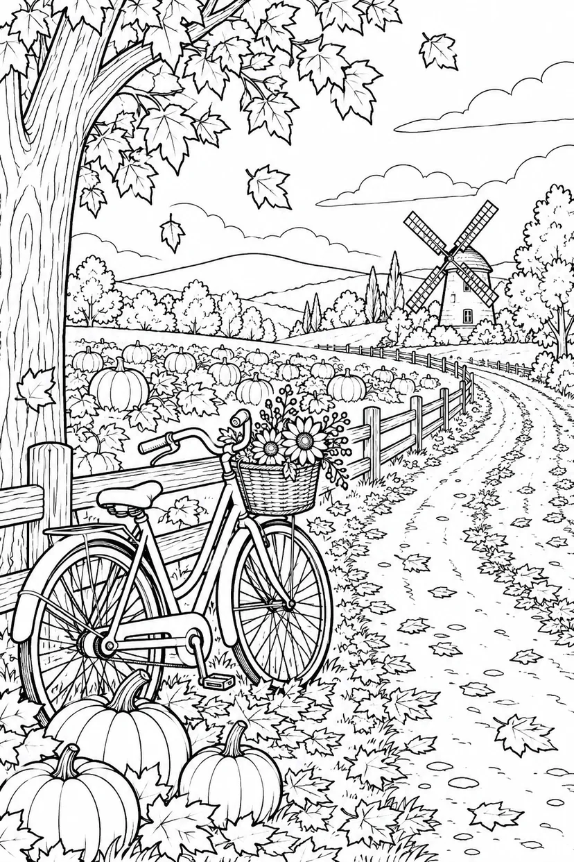 秋の自転車でめぐる小道の塗り絵