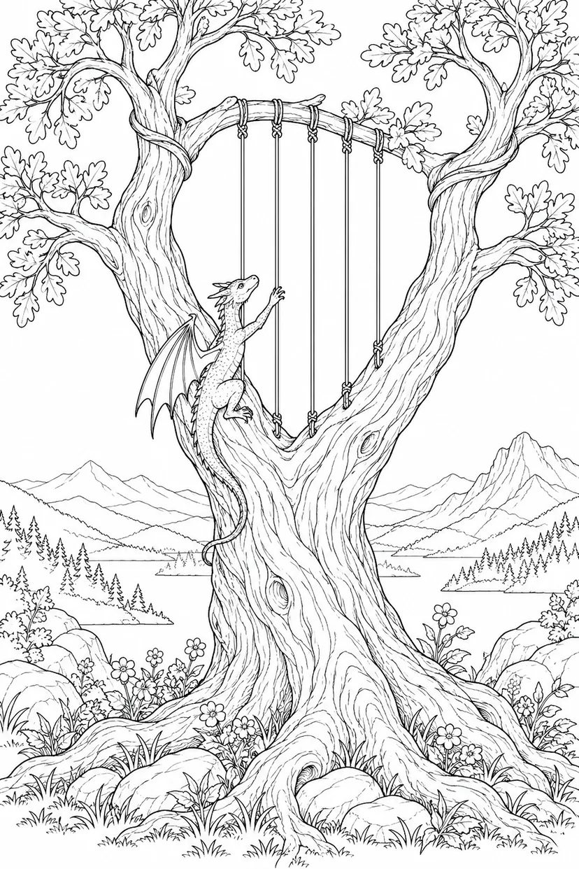 大樹の弦をつまびく竜の塗り絵