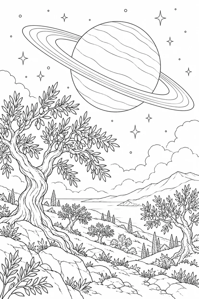 オリーブの丘と環のある惑星の塗り絵