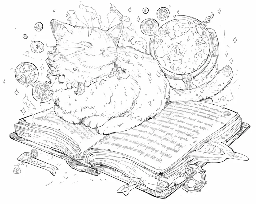 Dibujo de Gato Durmiendo sobre un Libro Mágico para colorear