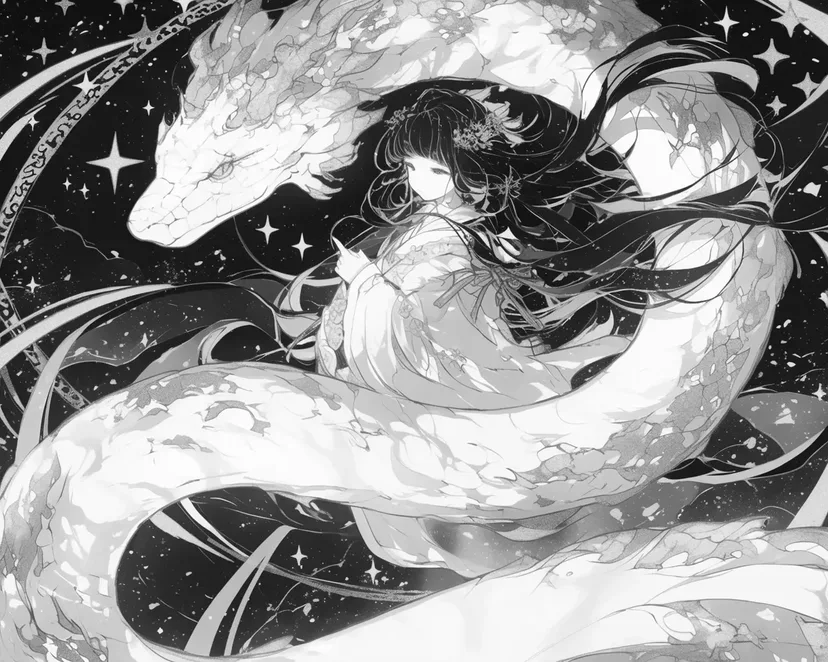 Gambar mewarnai Langit Berbintang dan Naga Putih