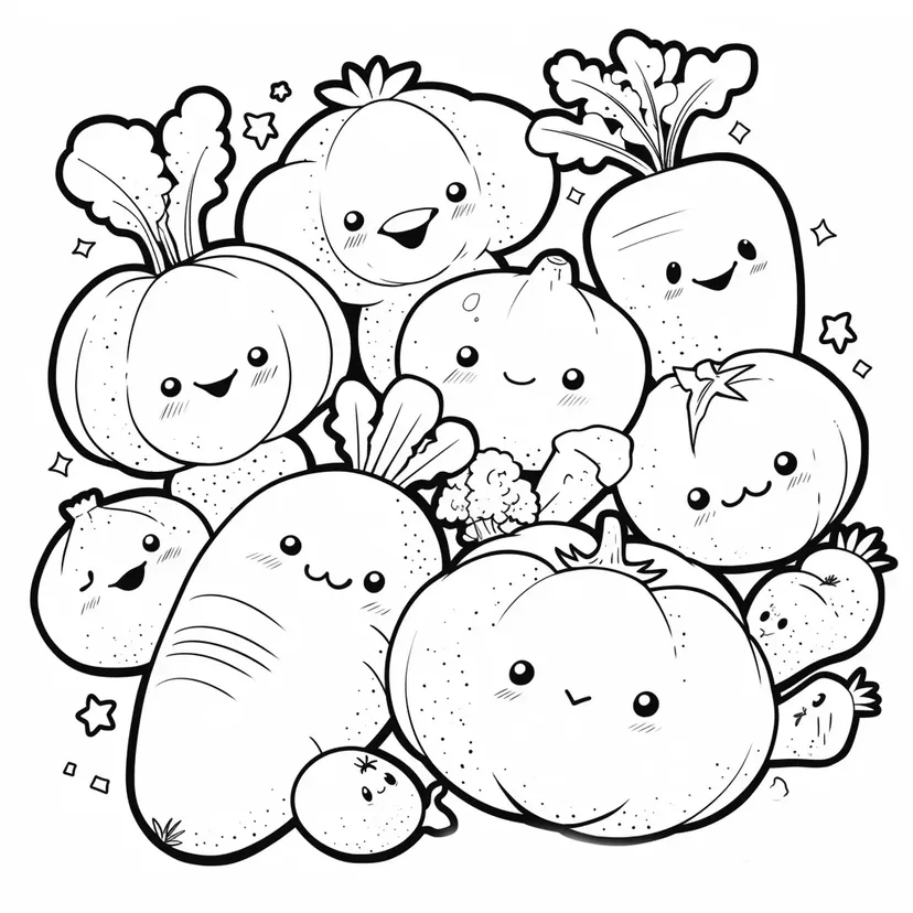 Desenho de Reunião de Legumes Fofos para colorir