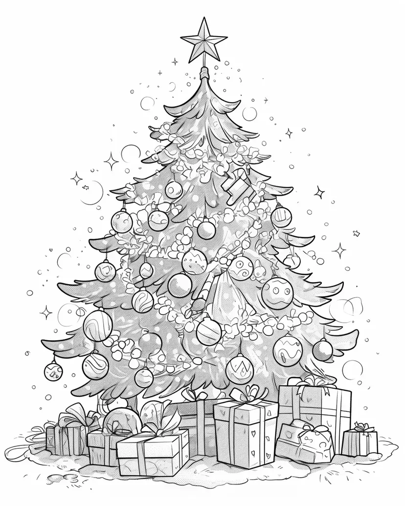 輝くクリスマスツリーの塗り絵