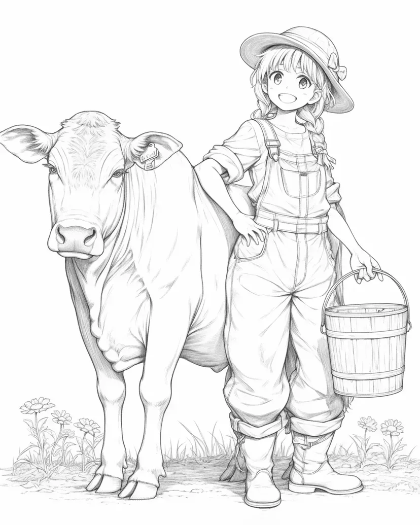 Dibujo de Chica de la Granja y Vaca para colorear