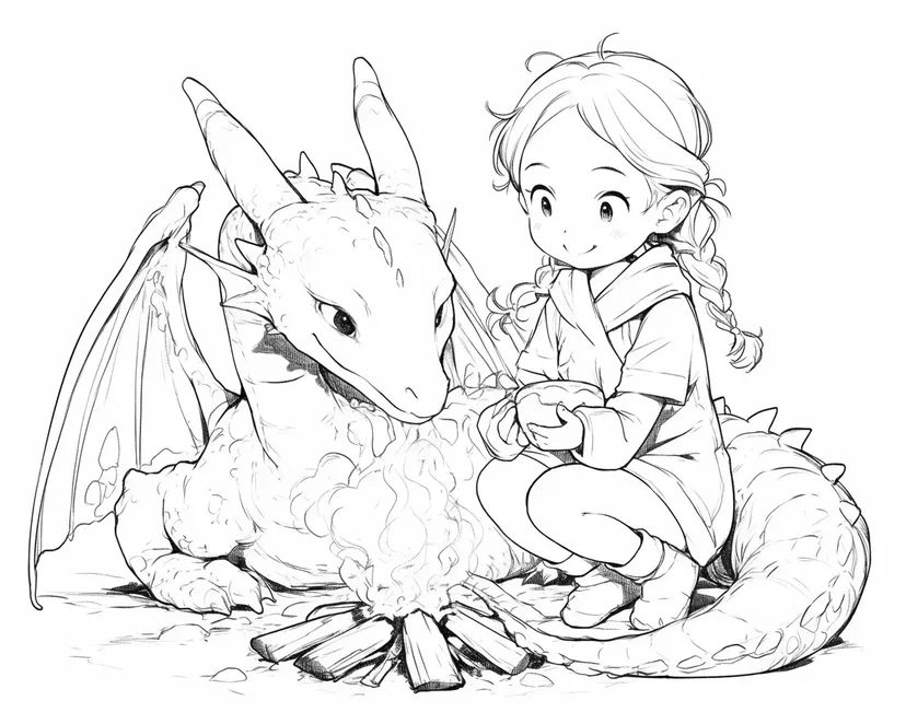 Campfire with a Dragon and a Girl coloring page