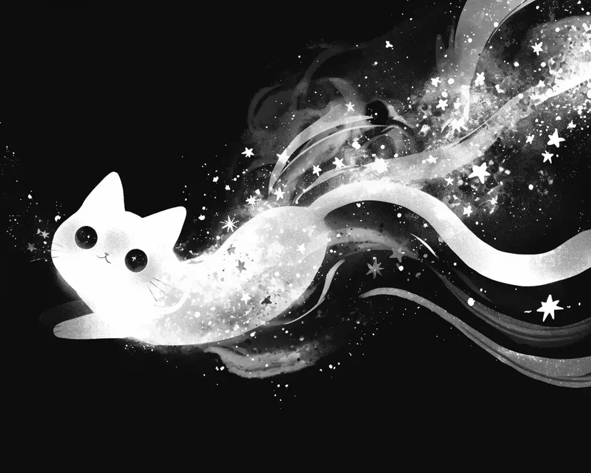 Desenho de Gato nadando no céu estrelado para colorir