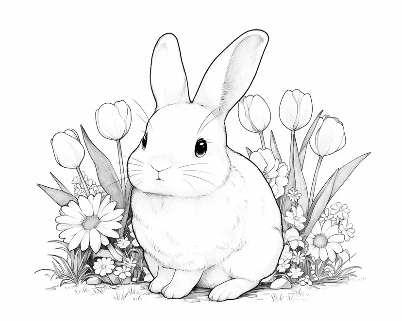 春の野原のうさぎの塗り絵