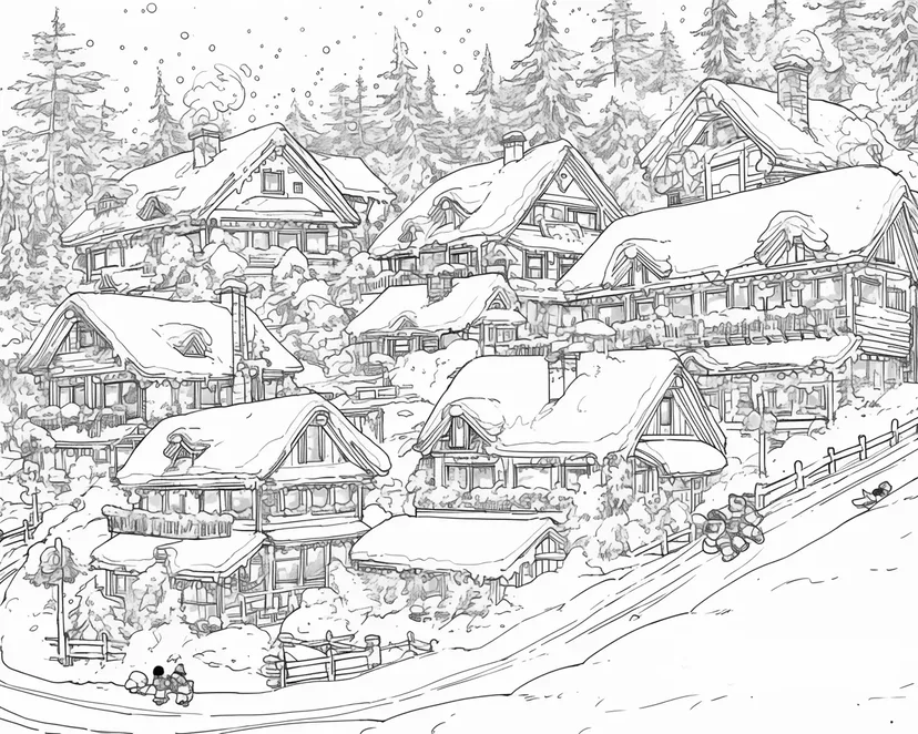 雪に包まれた静かな村の塗り絵