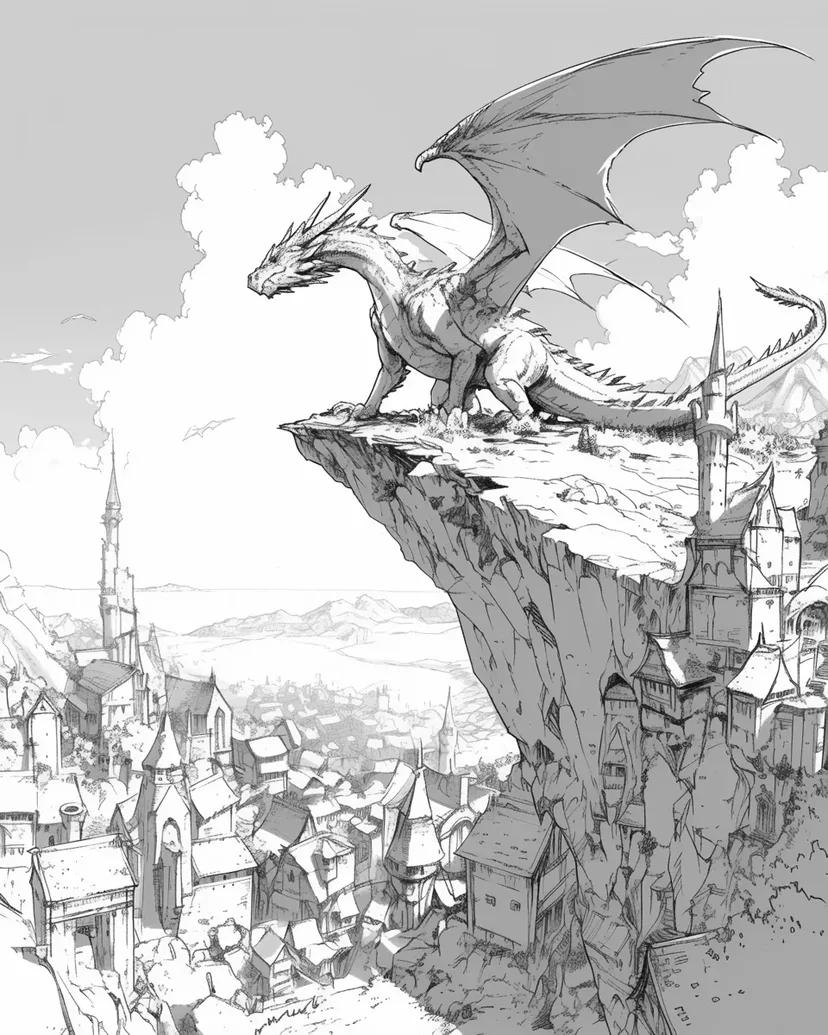 ドラゴンの見守る街の塗り絵