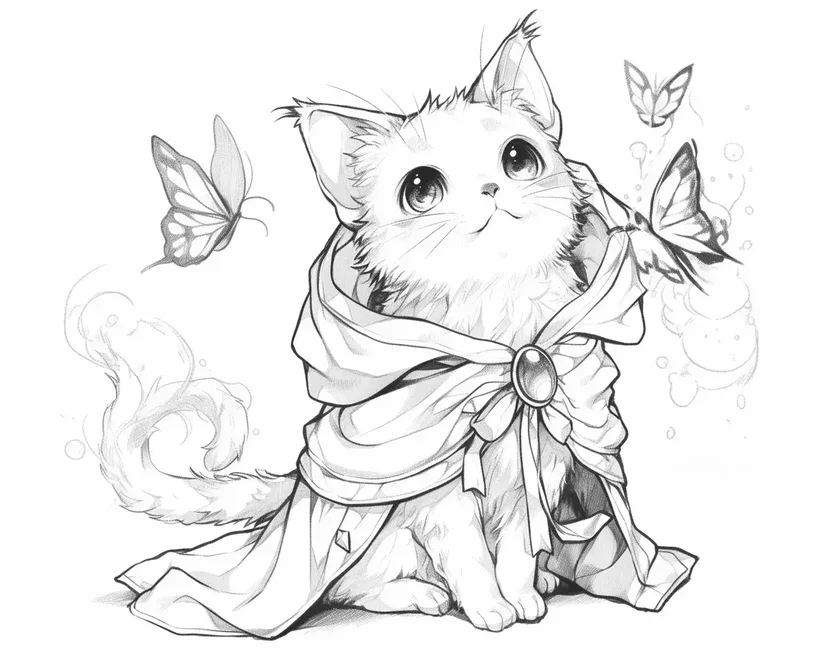 Magical Kitten Playing with Butterflies coloring page
