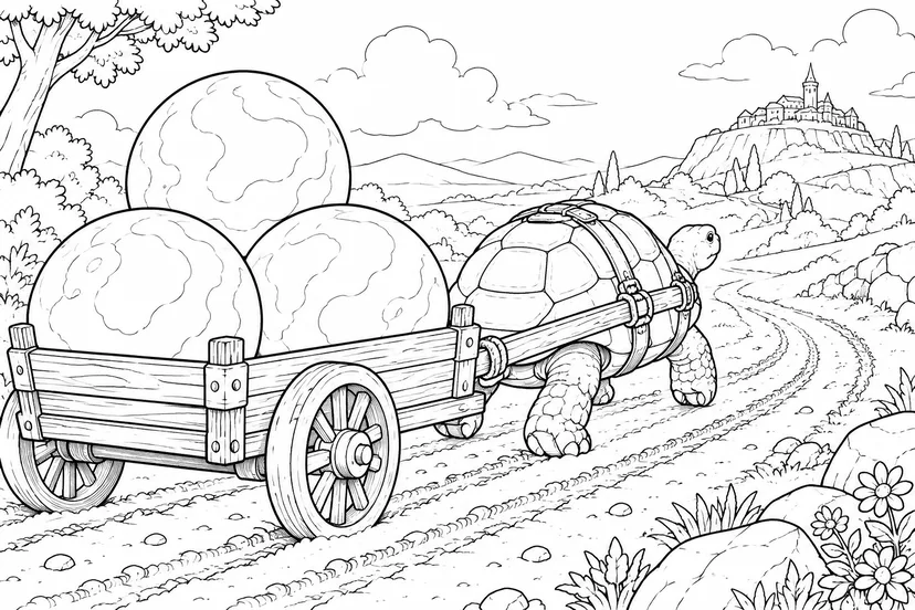 月の石を運ぶカメの荷車の塗り絵