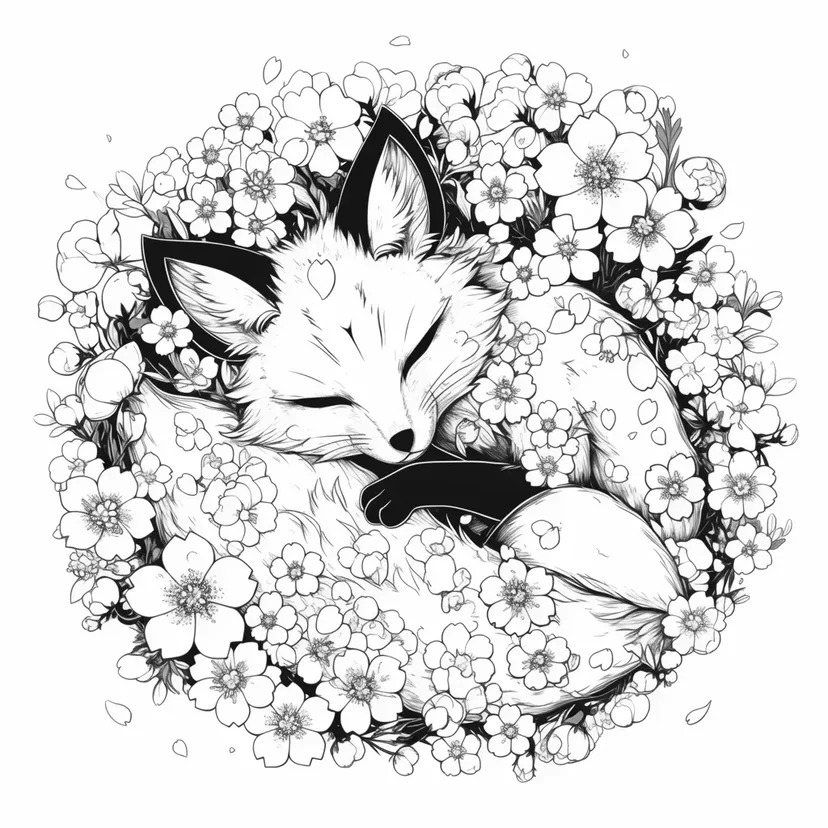 Desenho de Raposa Dormindo Envolta em Flores para colorir