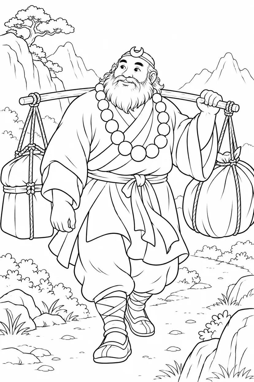 ほっこり西遊記：悟浄と旅の荷物の塗り絵