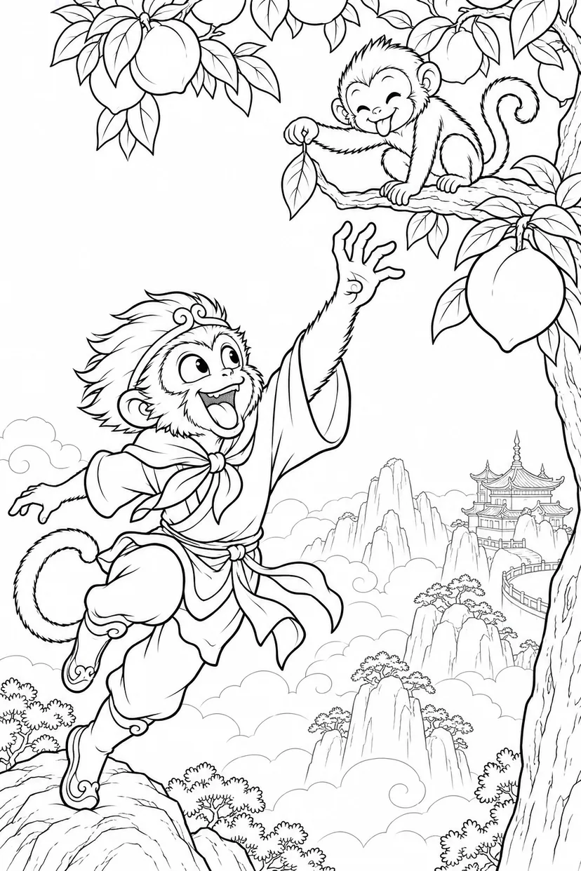 どたばた西遊記：悟空と桃の木の塗り絵