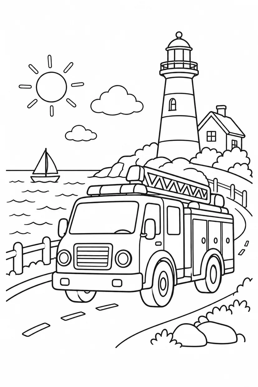 消防車と海沿いの道の塗り絵