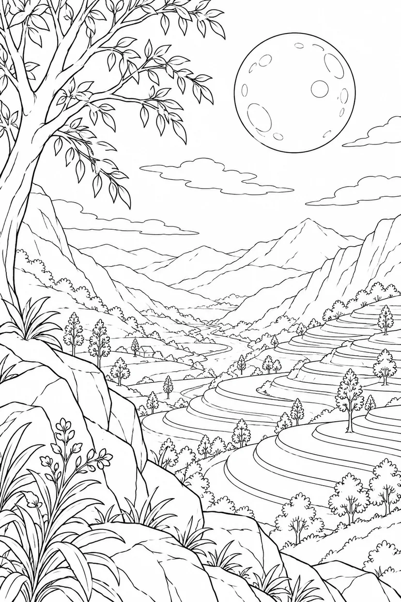 段々畑の谷と満月の塗り絵