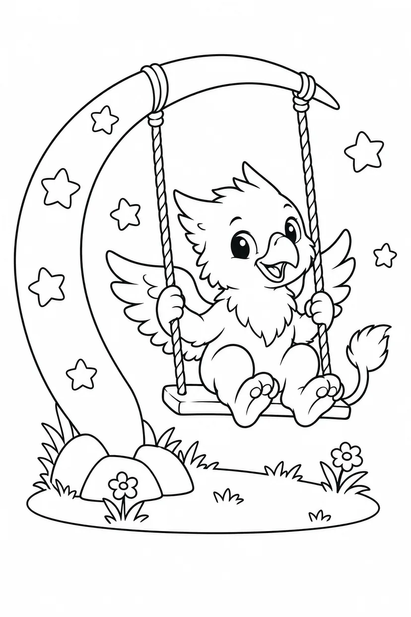 小さなグリフォンと星のブランコの塗り絵