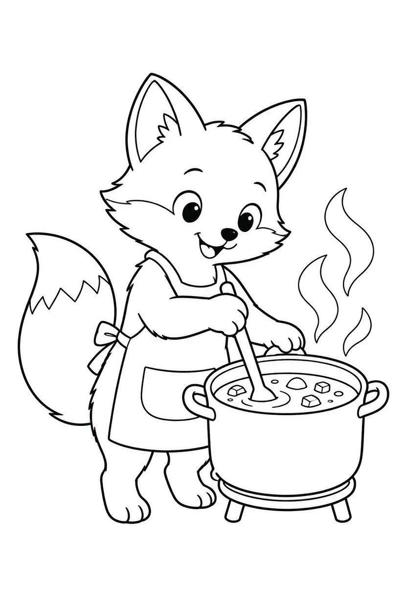 スープを混ぜるきつねの塗り絵