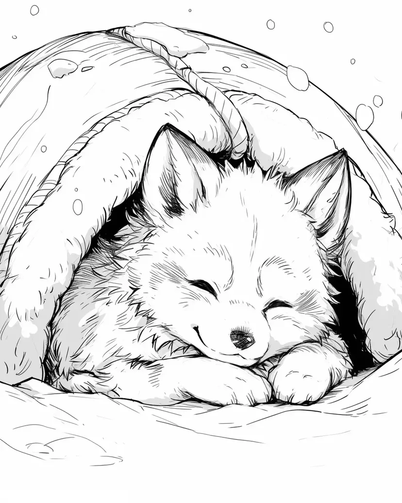 ぬくぬくお昼寝キツネの塗り絵