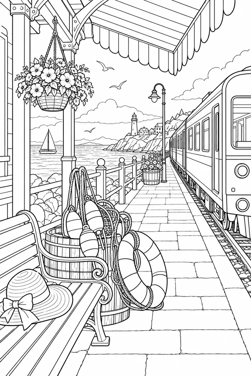 夏の小さな駅の旅じたくの塗り絵