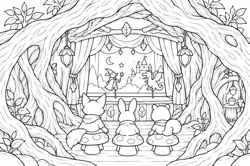木の根の下の小さな劇場の塗り絵