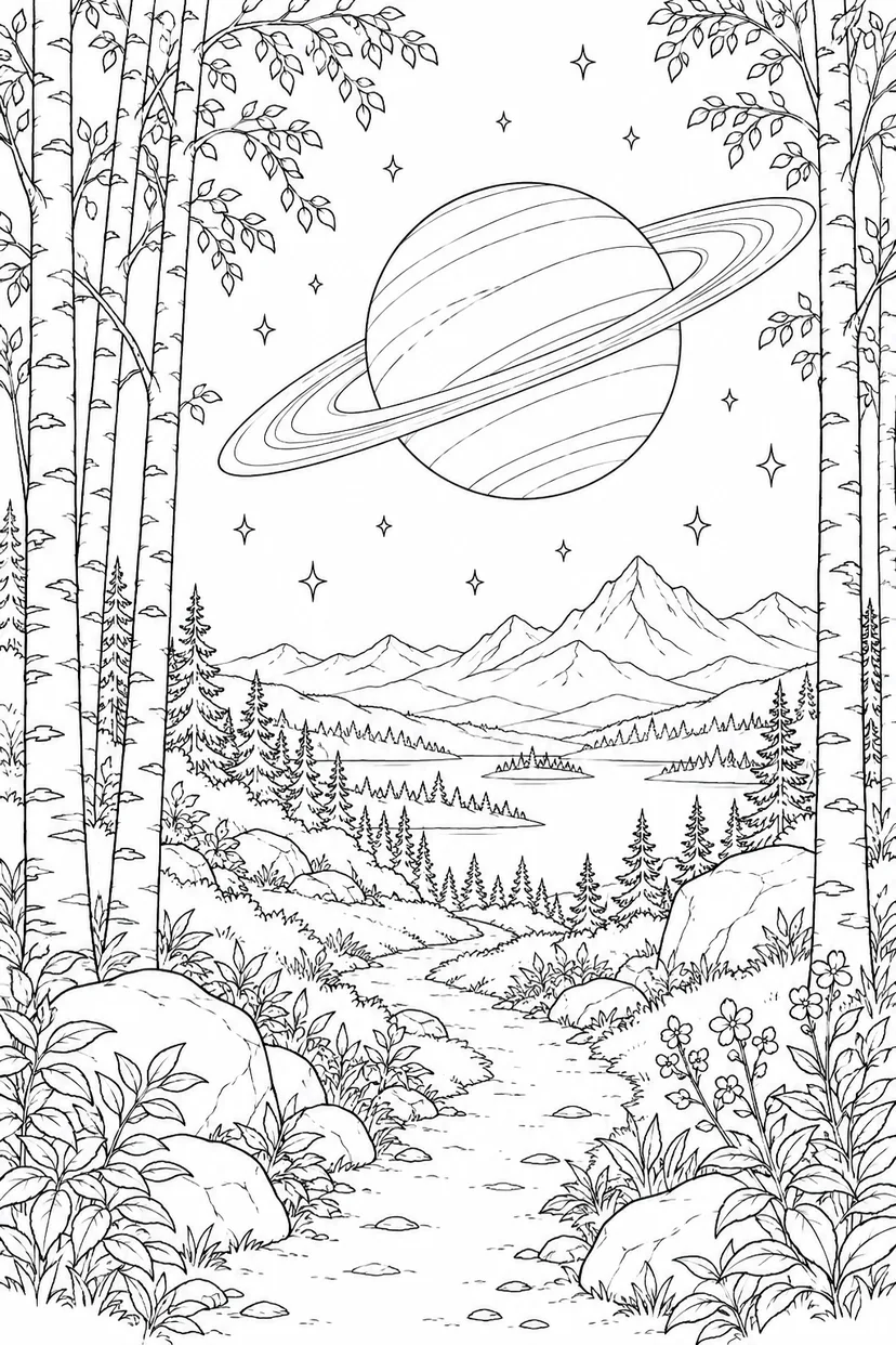 白樺林の小道と環のある惑星の塗り絵