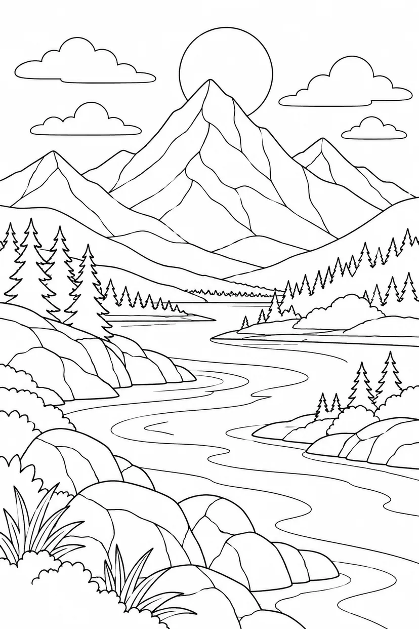 山並みと川を重ねた幾何学風景の塗り絵