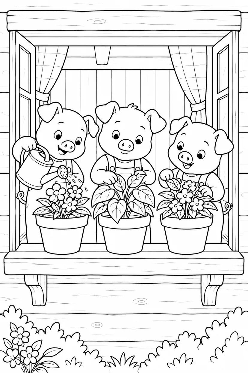 三只小猪：木屋窗边的盆栽涂色页