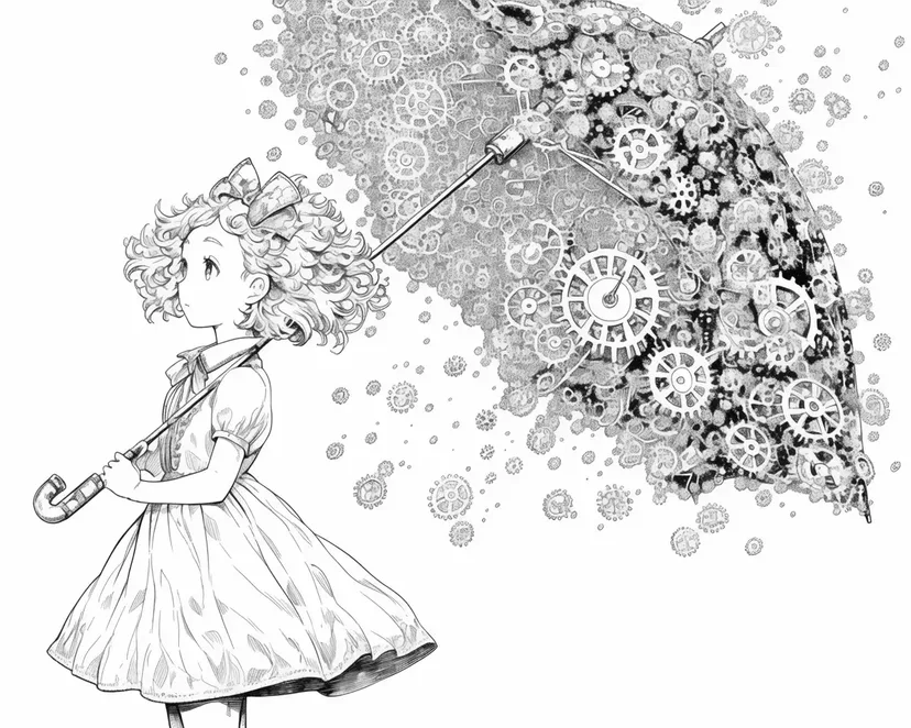 時計の傘を持つ少女の塗り絵