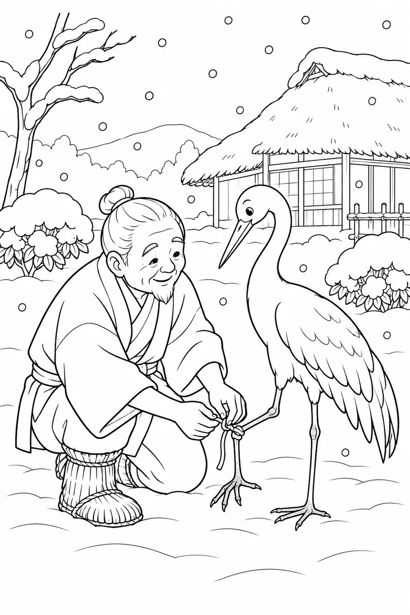 つるの恩返し：雪道でつるを助けるおじいさんの塗り絵