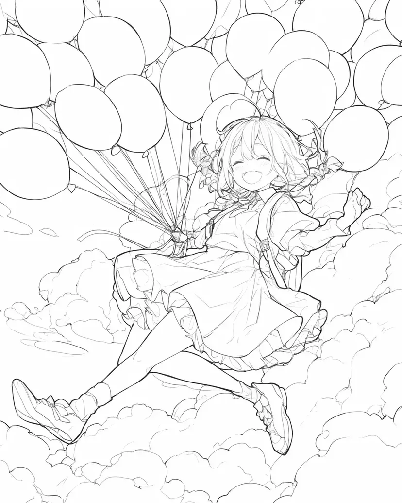 空を飛ぶ少女と風船の塗り絵