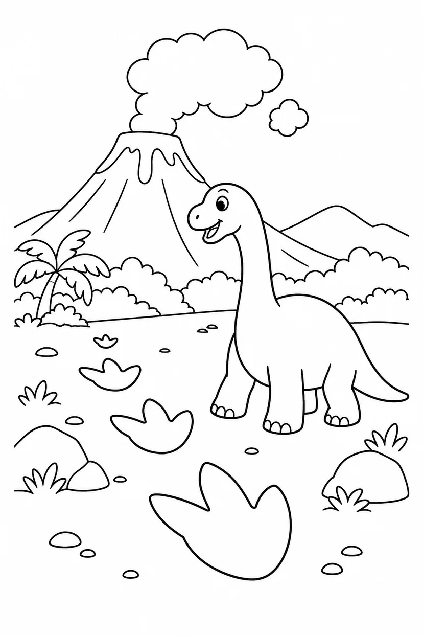 火山と恐竜の足あとの塗り絵