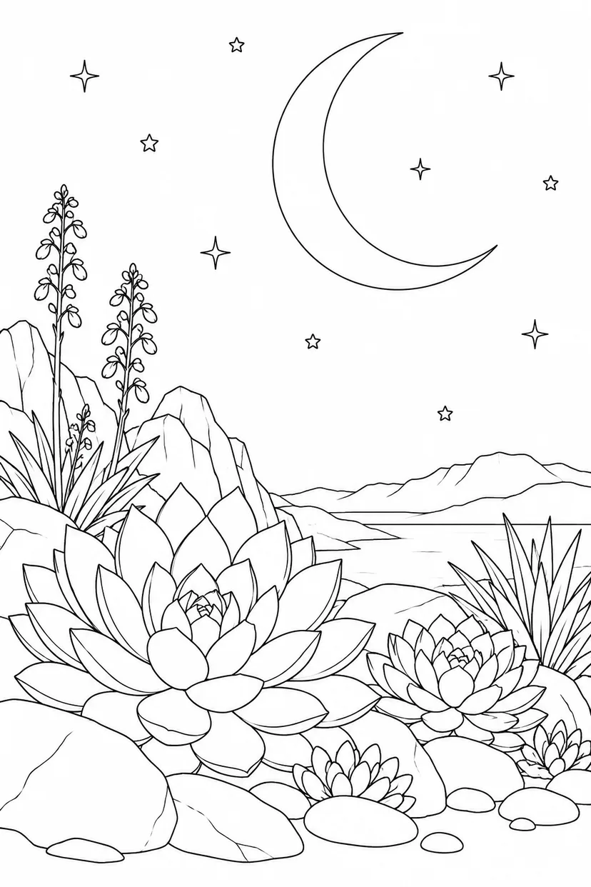 多肉植物の岩庭と三日月の塗り絵