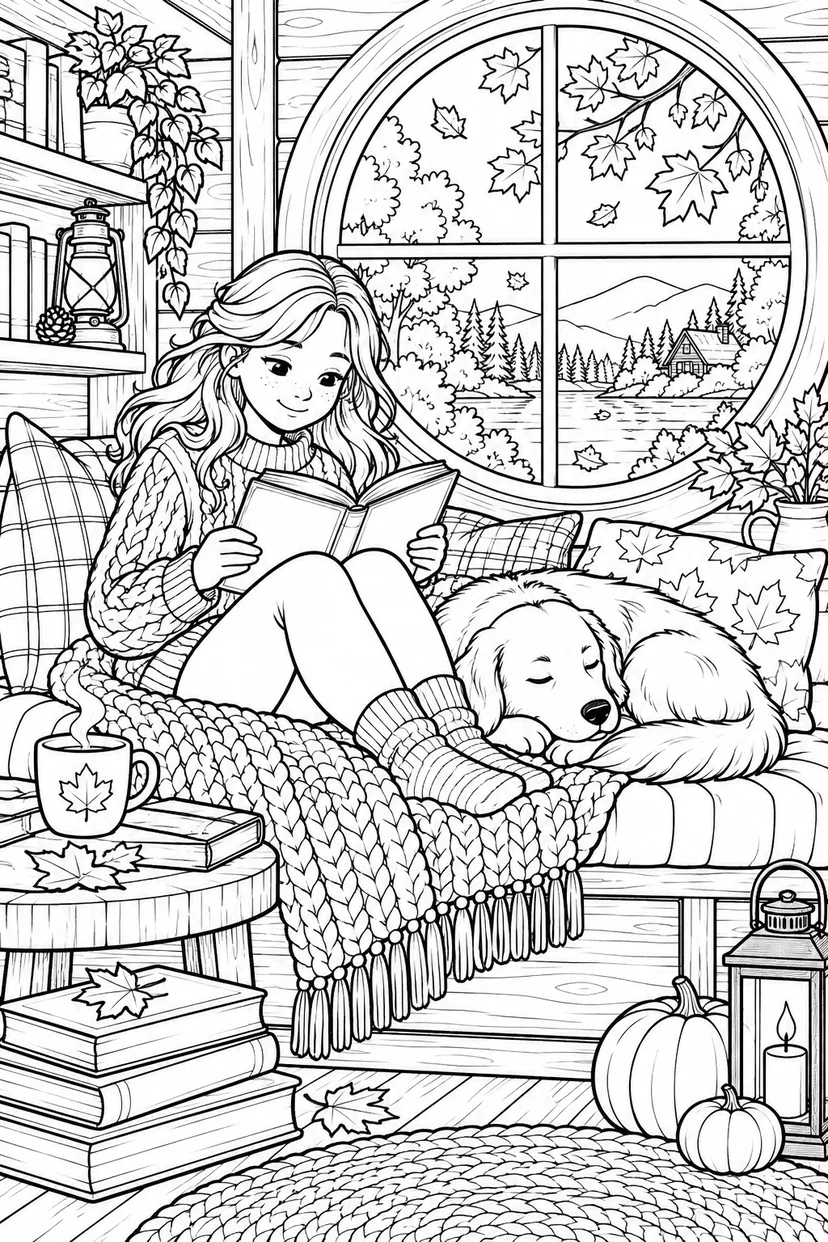 秋の森の読書小屋の塗り絵