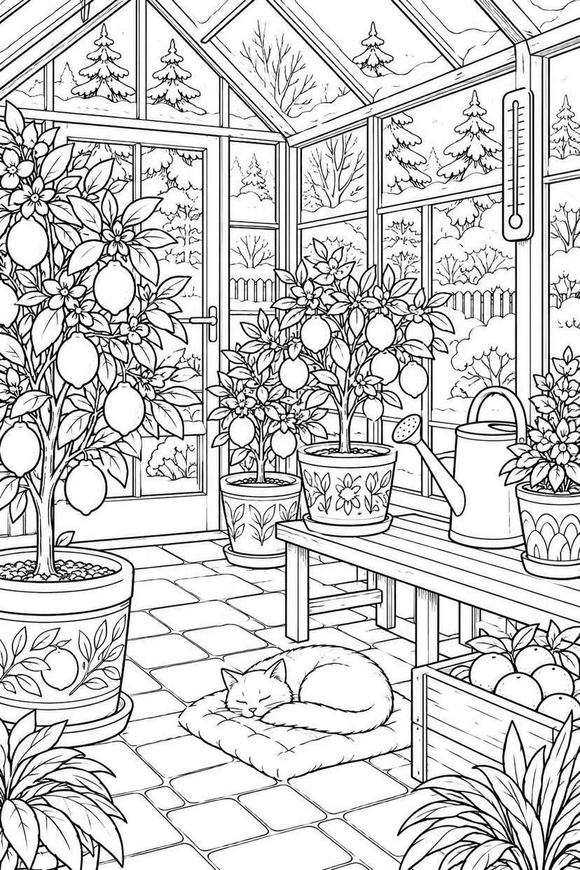 冬の温室の植物研究の塗り絵