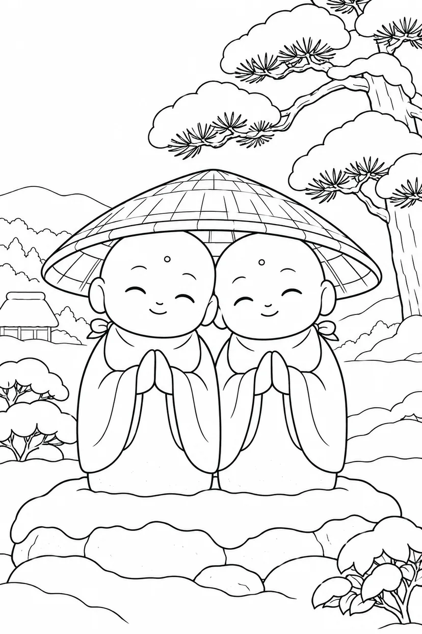 かさじぞう・笠の下のなかよし二人の塗り絵