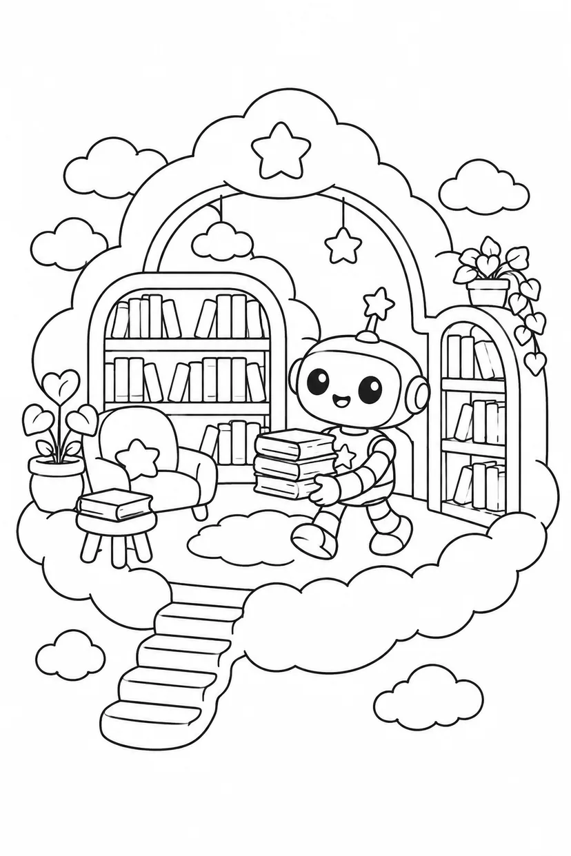 星の配達ロボットと雲の図書館の塗り絵