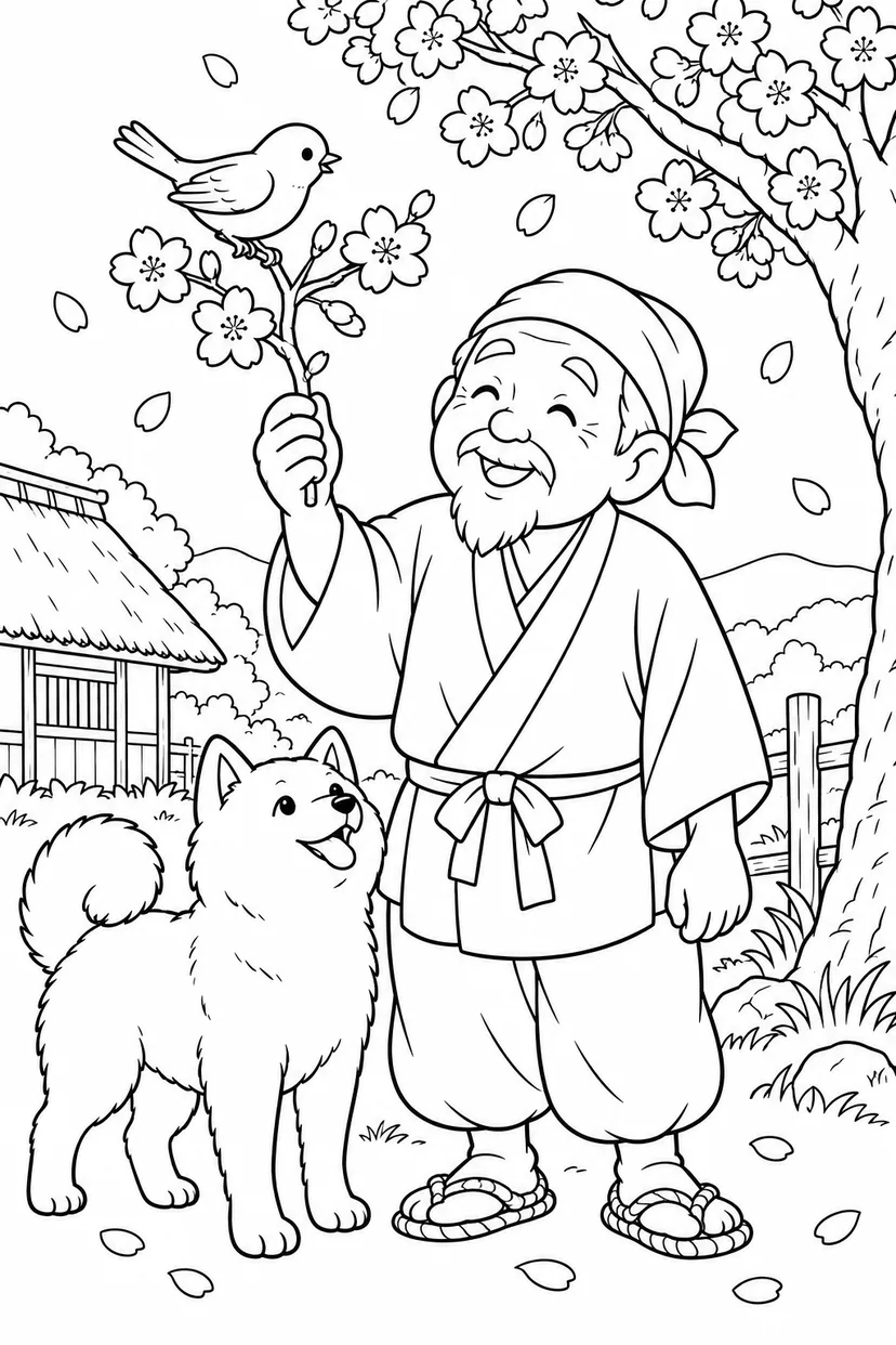 はなさかおじさん：桜の枝にとまる小鳥（ほっこり）の塗り絵