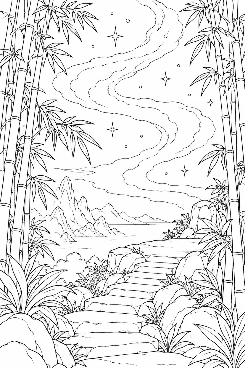 竹林の石段と星雲のゆらめきの塗り絵